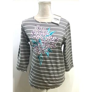 NWT Bob Mackie Wearable Art Womens S Pullover Floral Embroidered Striped Blouse